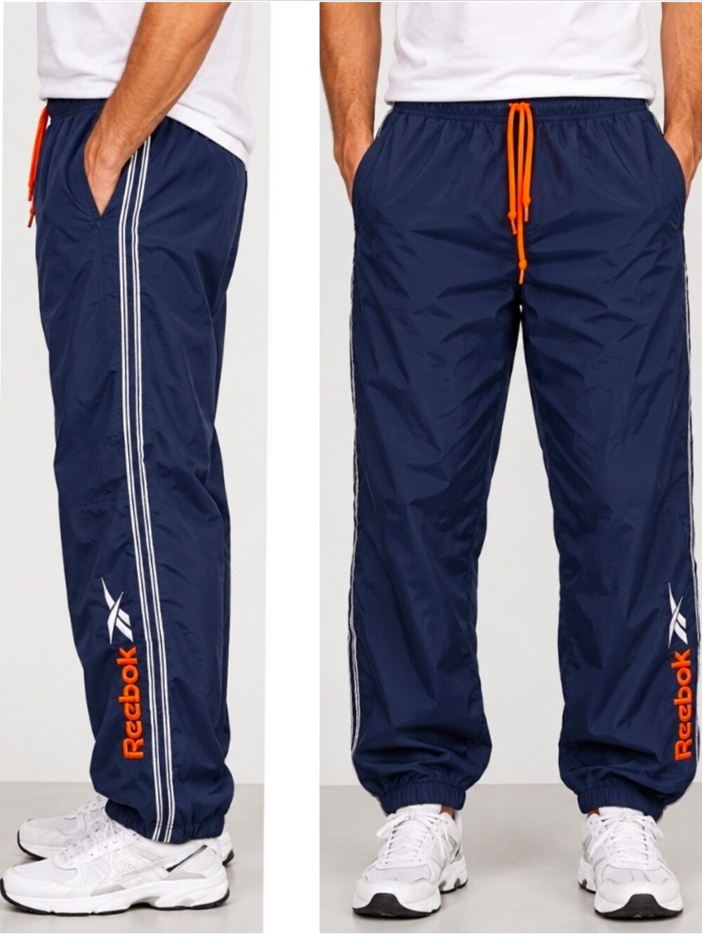 Vintage 90s Reebok Track Pants Mens M Navy Orange Nylon Ankle Zip